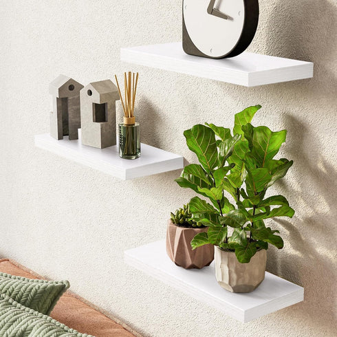 Set 3, 22lb BAYKA White Floating Shelves for Wall of Rustic Wood Wall Shelves with Metal Brackets for Bathroom
