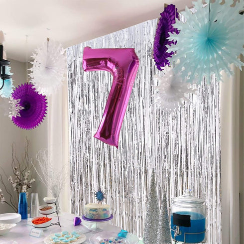 CHRORINE 2pcs 3ft x 8.3ft Silver Tinsel Foil Fringe Curtains for Birthday Graduation Engagement Party Decorations