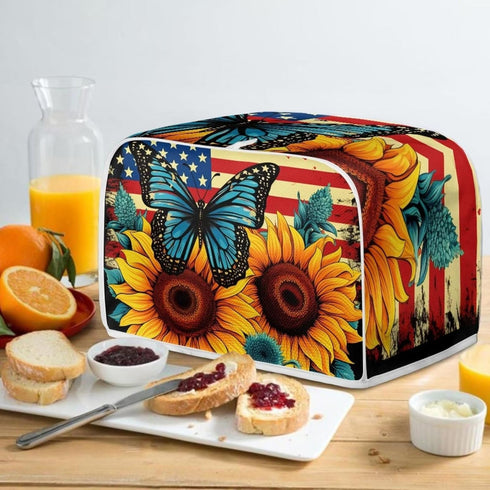 Sunflower Butterfly Print Toaster Cover, 2 Slice, Washable American Flag Kitchen Appliance Protector, Anti-dust Bread