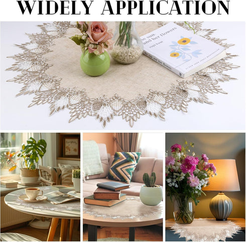 2Pcs 24 24in Kitchen(60 60cm) Polyester Round Doily, * Beige Table Cover with Lace Trim, Coffee Table Topper Table