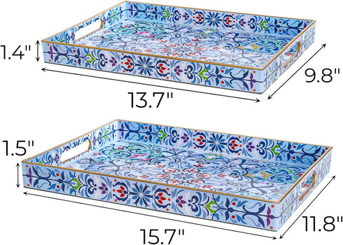 Set 2 15.7" 11.8" Hiceeden of Boho Floral Serving Tray with Handles, x Decorative Plastic Ottoman Tray, Modern Large