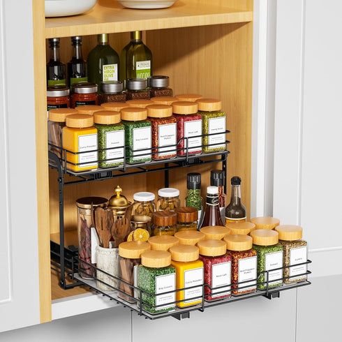 RCHYFEED 2 Tier Pull Out Spice Rack Organizer - Heavy Duty Slide Out Shelf for Kitchen Seasoning