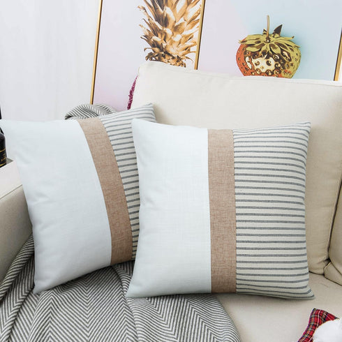 18x18, Set 2, JASEN Farmhouse Pillow Covers Modern Accent Square Throw Pillow Covers of Grey and Beige Striped