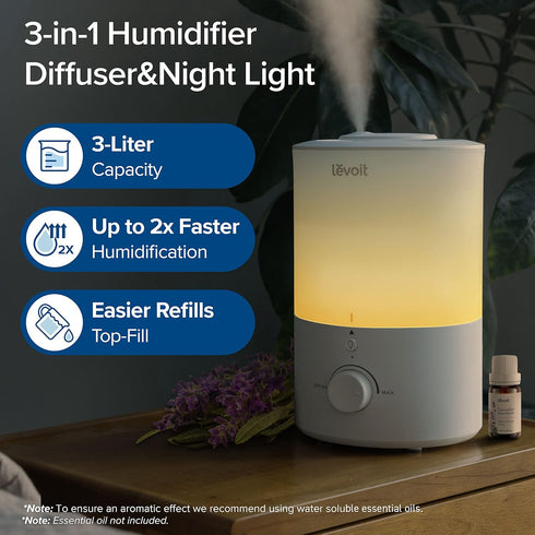 Light(3L 360 Nozzle, LEVOIT Humidifiers for Bedroom with Night Water Tank)Cool Mist Top Fill Essential Oil Diffuser