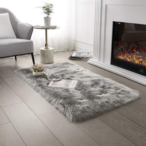 SERISSA Ultra Soft Faux Fur Area Rug Grey Fluffy Plush Chair Cover Seat Pad 2x4 Feet (Rectangular, Light Grey)