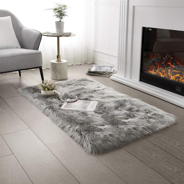 SERISSA Ultra Soft Faux Fur Area Rug Grey Fluffy Plush Chair Cover Seat Pad 2x4 Feet (Rectangular, Light Grey)