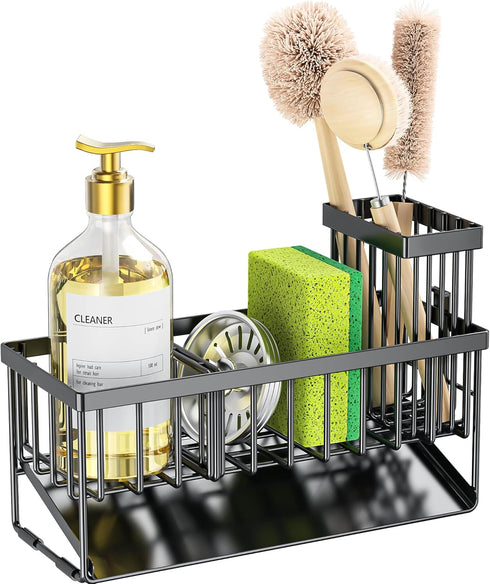 Cisily Sink Caddy Sponge Holder for Kitchen with Brush Holder and Stainless Steel Self Drain Tray, Rustproof Kitchen