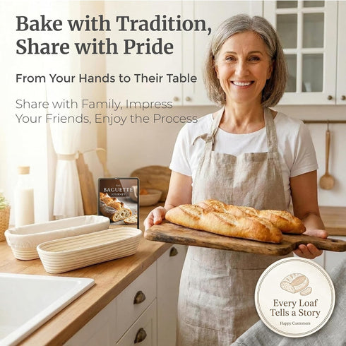 15 Inch Set 2 Baguette Proofing Basket of with Cotton Liners & Baguette Recipe eBook- Handcrafted Natural Rattan