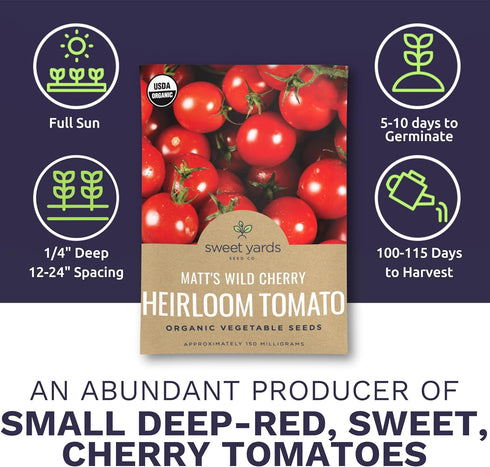 Packets! 150 Organic Matts Wild Cherry Tomato Seeds Two Seed Over Heirloom Non-GMO USDA Organic Seeds