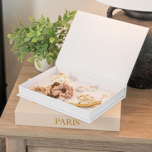Set 2 Decorative Books with Storage (Caramel/Beige) of Faux Linen Book Boxes with Gold Stamped Covers Enhance Your