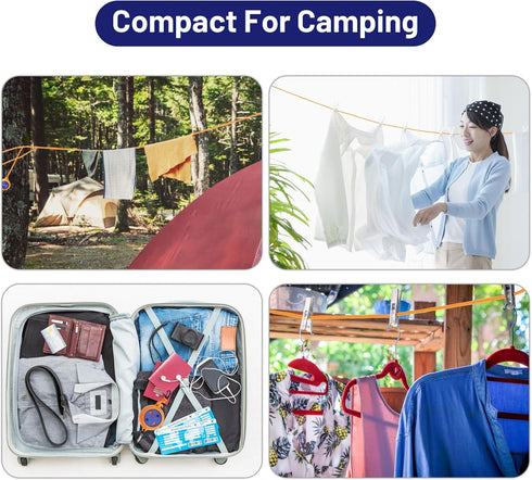Portable Travel Clothesline Cord - Caudblor Adjustable 33ft Laundry Drying Rope with 12Pcs Stoppers