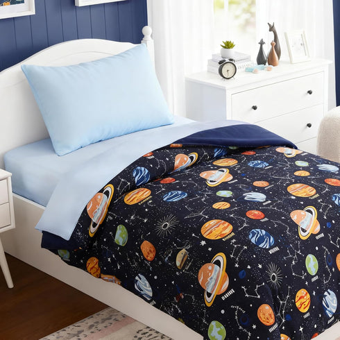 Set 4 Set Toddler Bedding - Pieces Toddler Comforter for Kids Boys, Glow in The Dark Space Bed in A Bag with Sheets