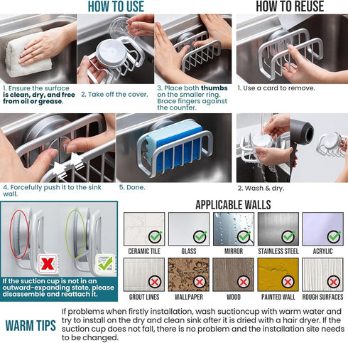 TAILI Sponge Holder for Kitchen Sink with Strong Suction Cup, Removable Sponge Holder, Rustproof Aluminum Sink Caddy