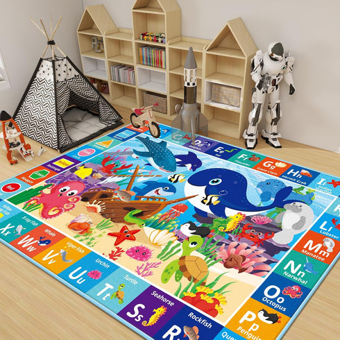 59X39.4 INCH) Baby Play Mat for Floor, ABC Kids Play Mat, Sea Animals Kids Rugs for Girls and Boys Playroom, Foldable
