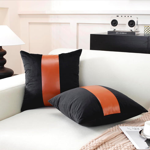 TAOSON Pack 2 18 18 Inch of Velvet Decorative Throw Pillow Covers White Patchwork with Black Striped Leather Pillow