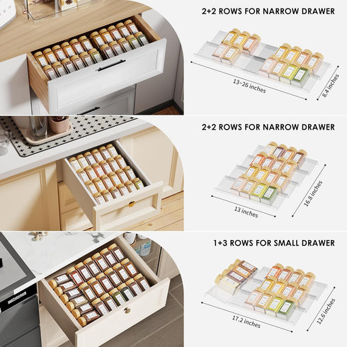 Spice Drawer Organizer, 4 Tier Clear Acrylic Expandable from 13" to 26", Kitchen Drawer Spice Rack Tray