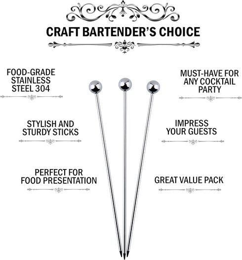 Cocktail Picks Martini Stirrers Toothpicks – 24 Pack Reusable Stainless Steel Metal Drink Skewers for Appetizers