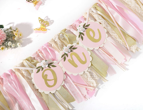 Agkvw 1st 1st Pink Golden Floral High Chair Banner - Rose Birthday Highchair Banner, Girls Birthday Decoration, Pink