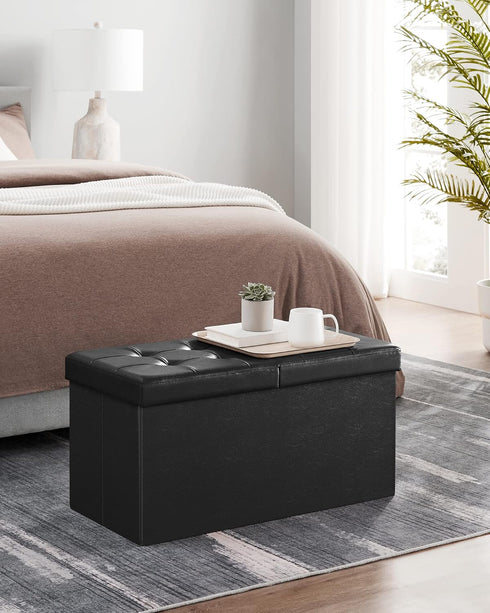 SONGMICS 30 Inches Folding Storage Ottoman Bench with Flipping Lid, Faux Leather, Black