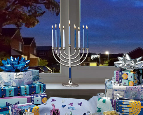 Rite Lite Classic Chanukah Menorah with Hammered Accents, Black & Silver - Hanukah Menorah (Blue & Silver)