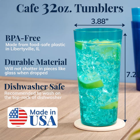 US Acrylic Café Plastic Reusable Tumblers, Set of 12, 32-ounce Iced-Tea Cups, BPA-free