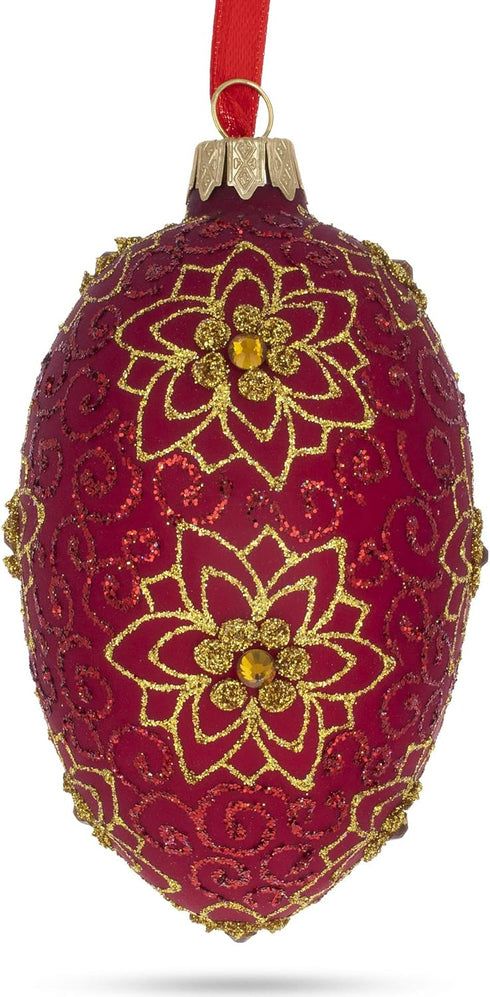 Golden Flower on Red Glass Egg Ornament, 4 Inches