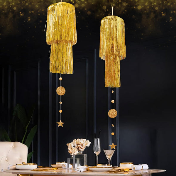 Cheerland Gold Tinsel Chandelier Mothers Day Party Decor 2 Tier Haning Fringed
