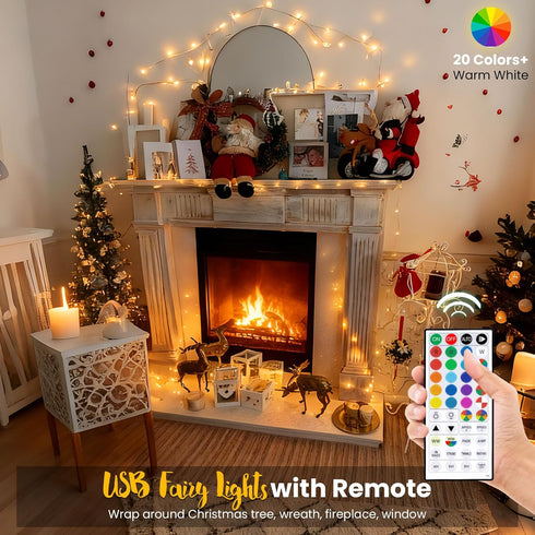 33ft 100LEDs 20 Fairy Lights USB Plug in with Remote, Warm White Color Changing Light Twinkle Firefly String Lights