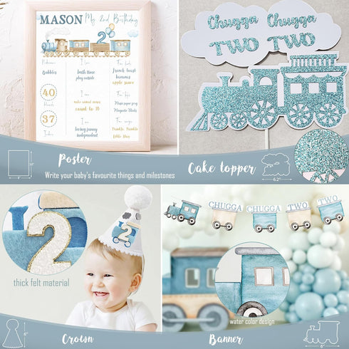 HYCSANBAO 2nd 2 Chugga Chugga Two Two Birthday Decotations, Train Birthday Party Supplies, Second Bday Decotation