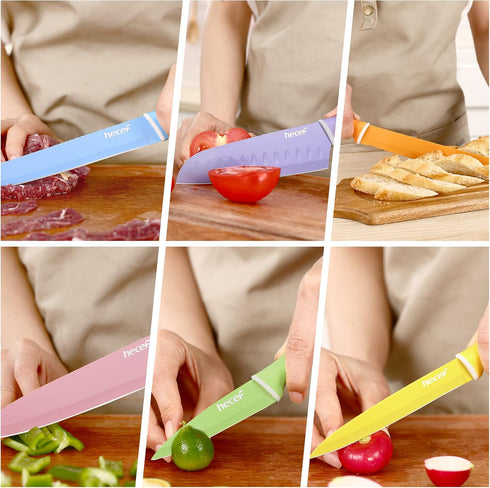 hecef 6 Pieces Colorful Kitchen Knife Set with Covers, Stainless Steel Non-Stick Cooking Knives Including Paring,
