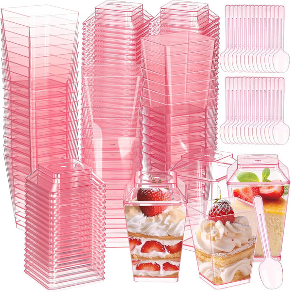 Mifoci 300 Pcs 5 oz Pink Plastic Dessert Cups with Lids and