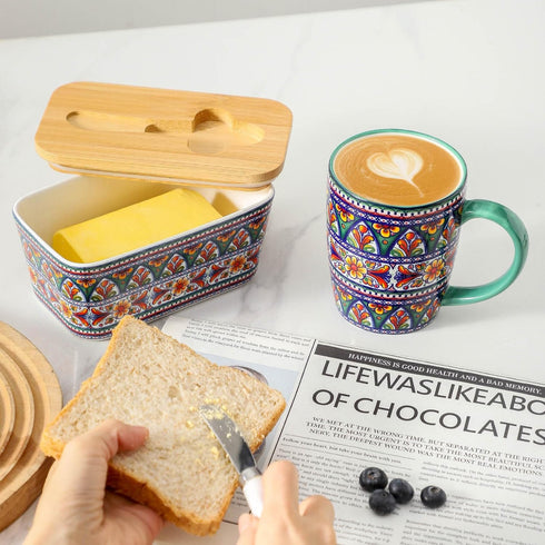 Countertop, Butter Dish with Lid for Hasense Large Ceramic Bohemian Butter Container Keeper Holder with Cover and Knife
