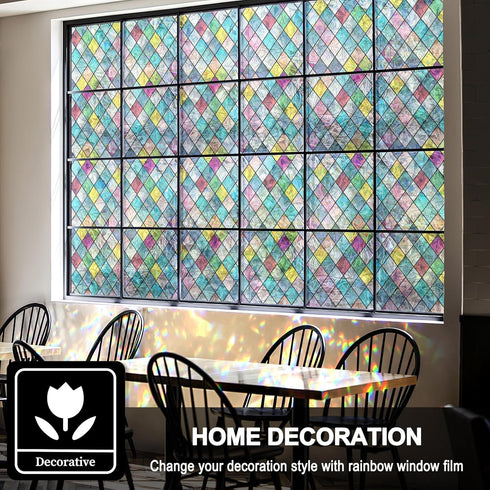 FEOMOS Colorful Lattice Window Privacy Film - Rainbow Glass Decals Stickers, Anti UV 17.3 x 78.7 inches