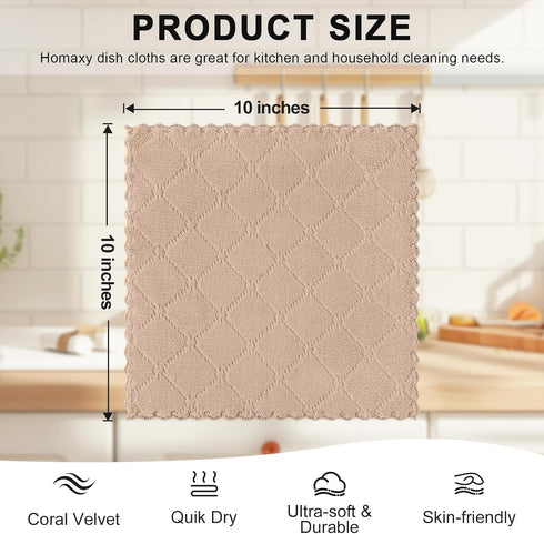 12 Pack (10 10 Inches, Homaxy Kitchen Dish Cloths x Tan), Super Soft and Absorbent Coral Velvet Dish Towels, Nonstick