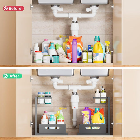 VUSIGN Under Sink Organizer and Storage (2 Pack) - Slide Out Cabinet Organizer, Pull Out Sink Shelf for Kitchen, Black