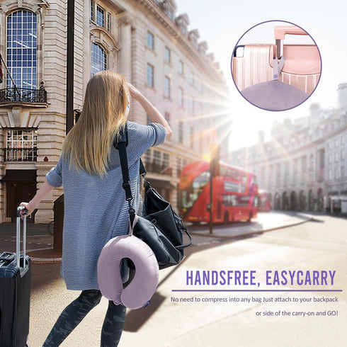 Travel Pillow Memory Foam for Airplanes - Neck Pillow for Traveling with Attachable Snap Strap (Gray Purple)