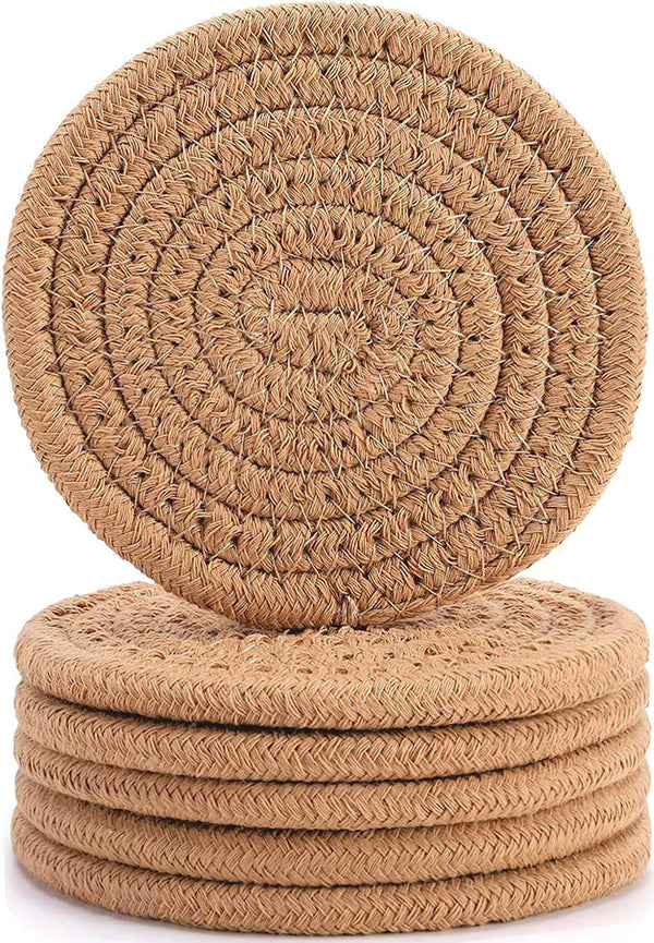 ABenkle Woven Coasters for Drinks - Set of 6, Boho Absorbent Drinking Coaster, 4.3 Inch for Home Decor, Bar Essentials