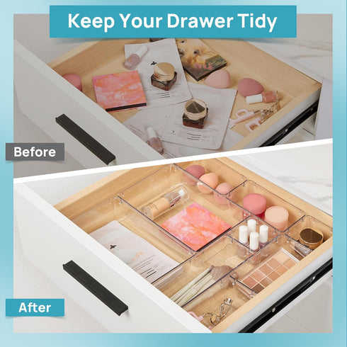 Vtopmart 10 Pcs Clear Acrylic Drawer Organizer Set, 4 Size Vanity Storage Bins for Bathroom, Jewelry, Cosmetics, Gadgets