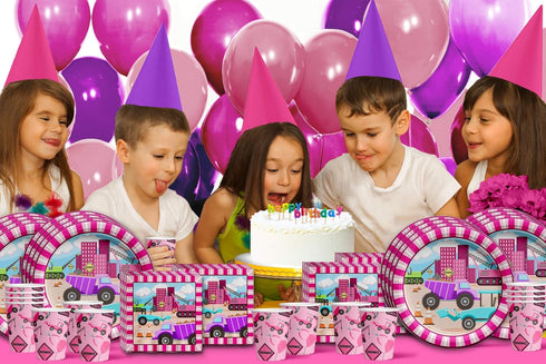 Set 16 Girl Pink Construction Trucks Birthday Party Supplies Plates Napkins Cups Tableware Kit