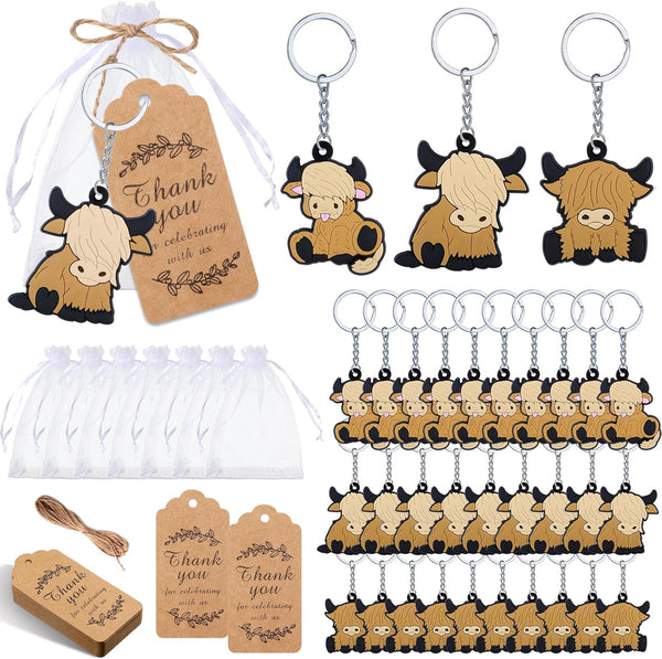 Kigeli 36 Sets Highland Cow Party Favors, Baby Shower Keychains with Organza Bags, Thank You Tags, Cow Exchange Gifts
