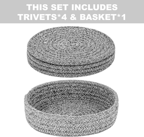 Trivets for Hot Dishes, Trivets for Hot Pots and Pans, Cotton Coasters 4 Pcs and Storage Basket 1 Pack, Pot Holders for Kitchen, Hot Pads for Table, Hot Mats Protect Countertops (Grey 4 Pcs) by Dakartoon