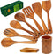 Wooden Cooking Utensils Set - Natural Teak Kitchen Utensil Set with Spoon Rest & Holder, 9 Piece