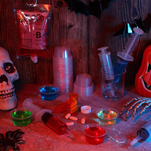 120 2 oz Uiifan Pcs Halloween Party Supplies Blood Bags for Juices Jelly Syringes Cups with Lids Pill Candy Bottles