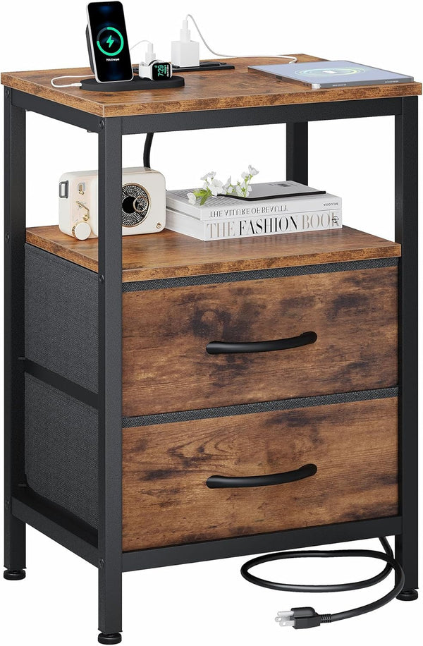 OLIXIS Nightstand with Charging Station, Bedside Table with USB Ports & Type-C,