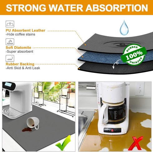 Coffee Mat Dish Drying Mats for Kitchen Counter, Waterproof Coffee Bar Accessories, Deep Gray, 12"*19"
