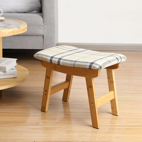 BAMBOO LAND- Bamboo Foot Stools Ottoman, Stripes Beige Cushion & Natural Wood Legs, Small Ottoman Foot Rest for Couch