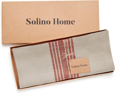 Solino Home Linen Striped Table Runner 48 Inches - 100% Pure Linen Red and Natural Small Table Runner for Dresser