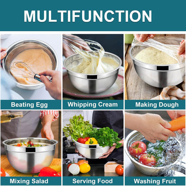 Mixing Bowl Set of 5 - TeamFar Stainless Steel 4.5/3/1.5/1/0.7 QT Metal Nesting Salad Bowls with Lids, Non-Toxic &