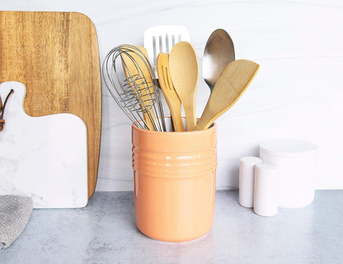 KooK Kitchen Utensil Holder - Ceramic Countertop Organizer, 5.3”, Dishwasher Safe (Coral)