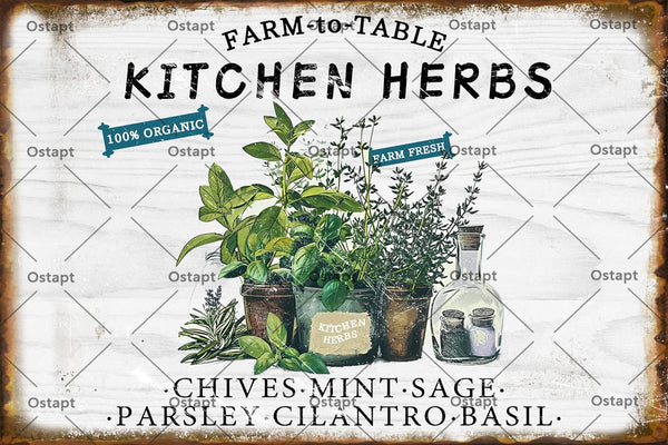 Kitchen Herbs Farm To Table 100% Organic Vintage Metal Tin Sign, Funny Garden Poster 8x12 Inch